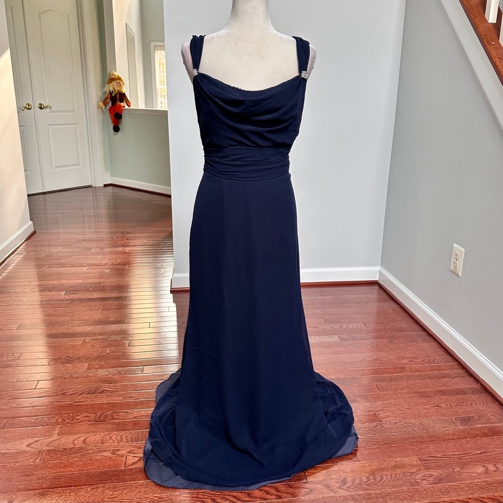 Vintage 2000s Lazaro Navy Blue Silver Cowl Neck Formal Maxi Gown Dress Size 12